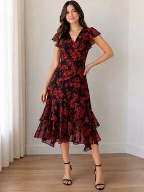 Tommy Hilfiger Black Red Floral Tiered Midi Dress | Chiffon Flutter Sleeve